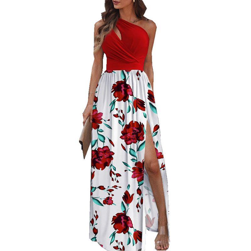 Printed Slant Neck Sleeveless Dress Print Diagonal Collar Sleeveless Split Dress Female