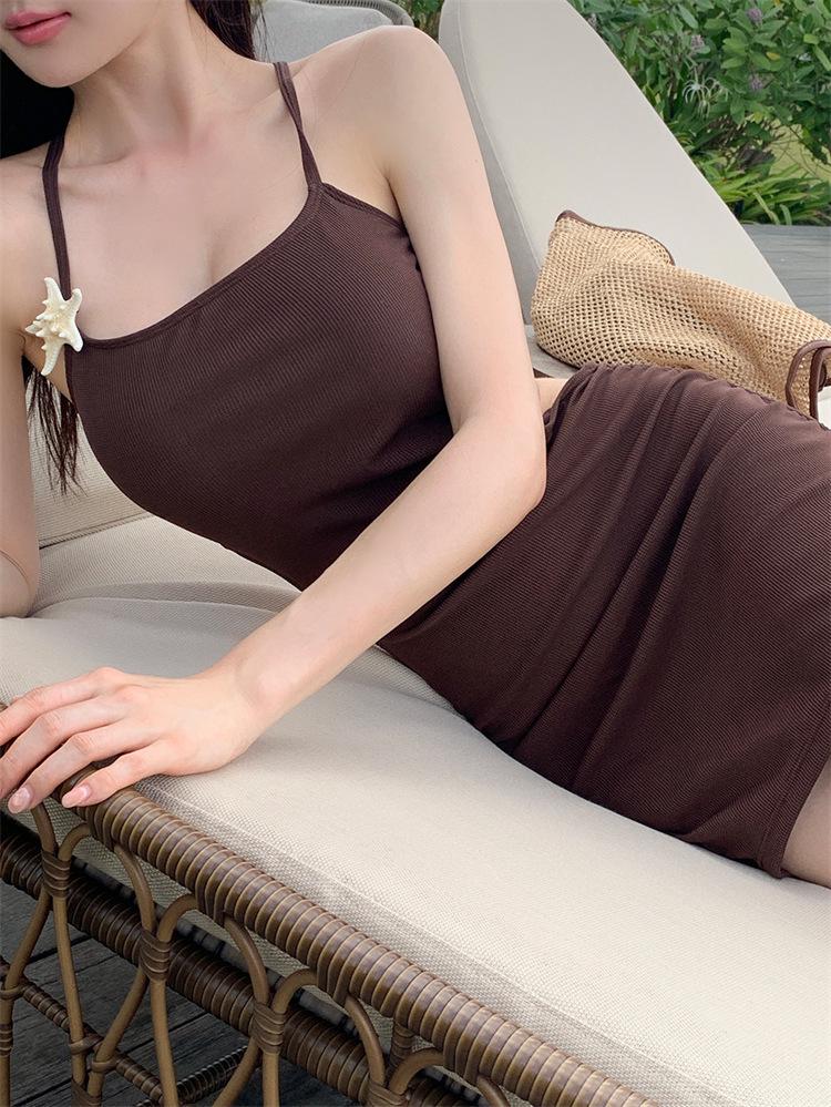 Koreanischer einfacher sexy figurbetonender Badeanzug mit Rockteil, Kordelzug und rückenfreiem Design