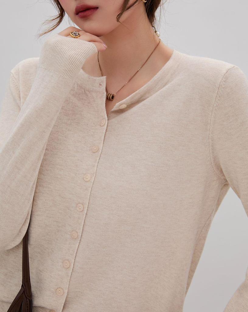 Round Neck Long Sleeve Knit Cardigan - Women's Versatile Solid Color Sweater for Spring and Autumn