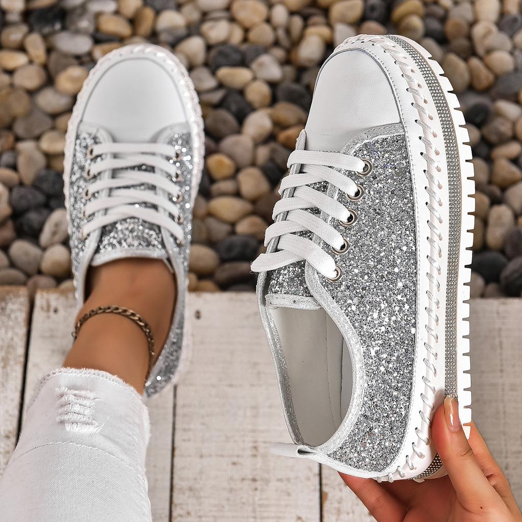 Comemore Women's Casual Shoes Flat Bottom Rhinestone Lace-up Sneakers for Women Spring Autumn Pltatform Sports Board Shoe Female