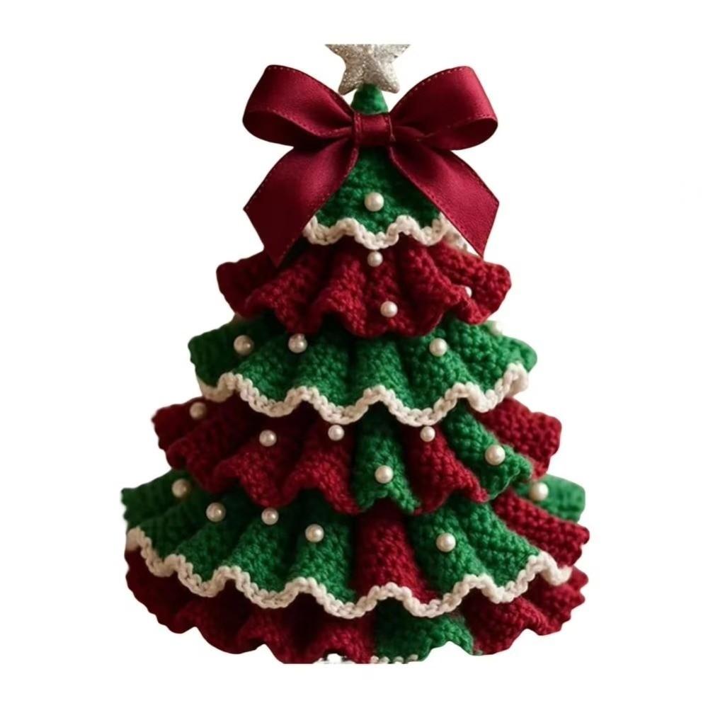 Handmade Crochet Christmas Tree Kit Festival with Bow Faux Pearl Christmas Party Crochet Decoration