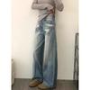 Women's Retro Washed High Waist Wide Leg Jeans - Autumn Straight Leg, Loose Fit, Floor Length