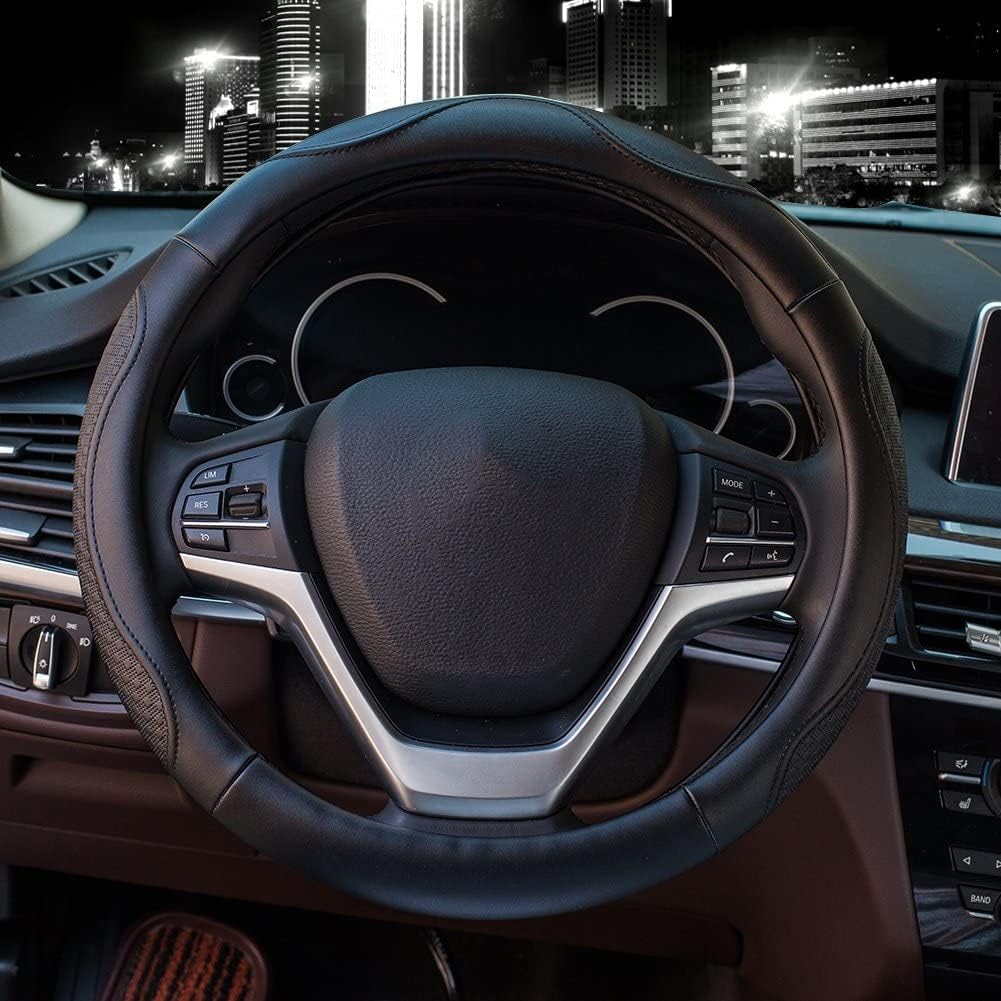 Valleycomfy Leather Steering Wheel Covers Universal 15.75 Inch -Breathable, Anti Slip & Odor Free (Black With Black Lines,L(15" 1/2-16"))
