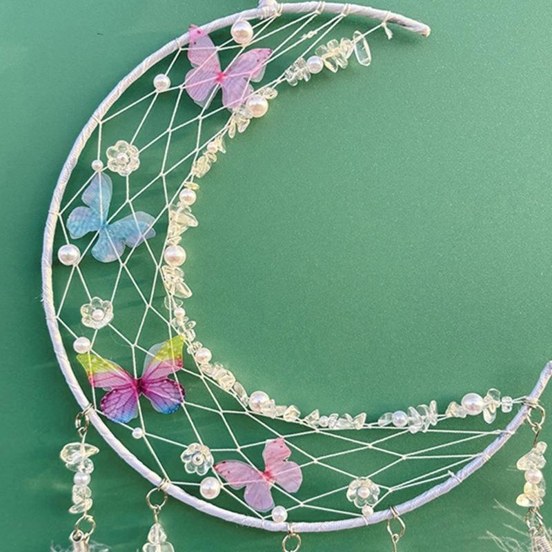 Woven Moon Shape Dreamcatchers with Crystal Wall Art Handmade Butterfly Feathered Tassels Wall Hanging Ornament Decors