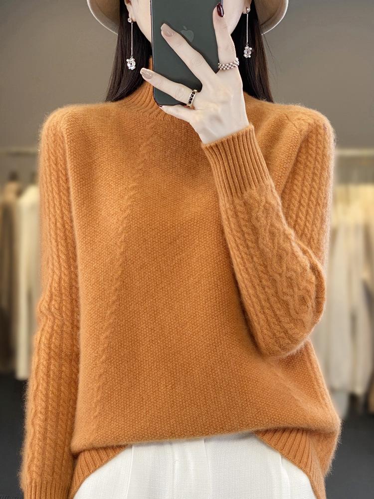 Women's 100% Pure Wool Half-High Collar Knit Sweater for Autumn and Winter