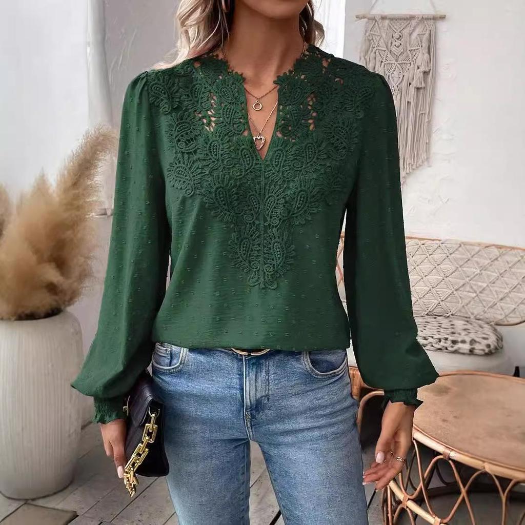 Damenmode, lässig, Frühling, Herbst, einfarbig, bedruckt, langärmelig, V-Ausschnitt, Blusen & Hemden