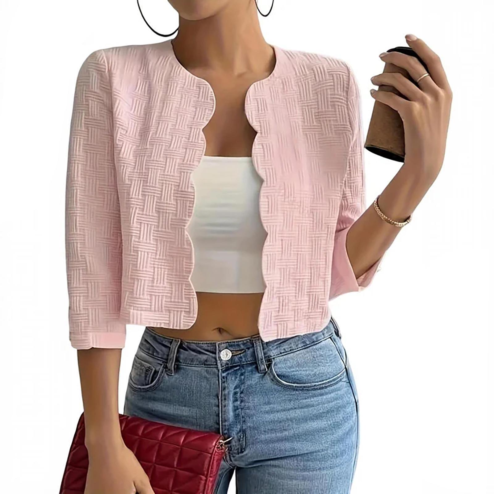 

Жіноча повсякденна модна ретро однотонна коротка куртка з переднім відкриттям для весни та L рожевий