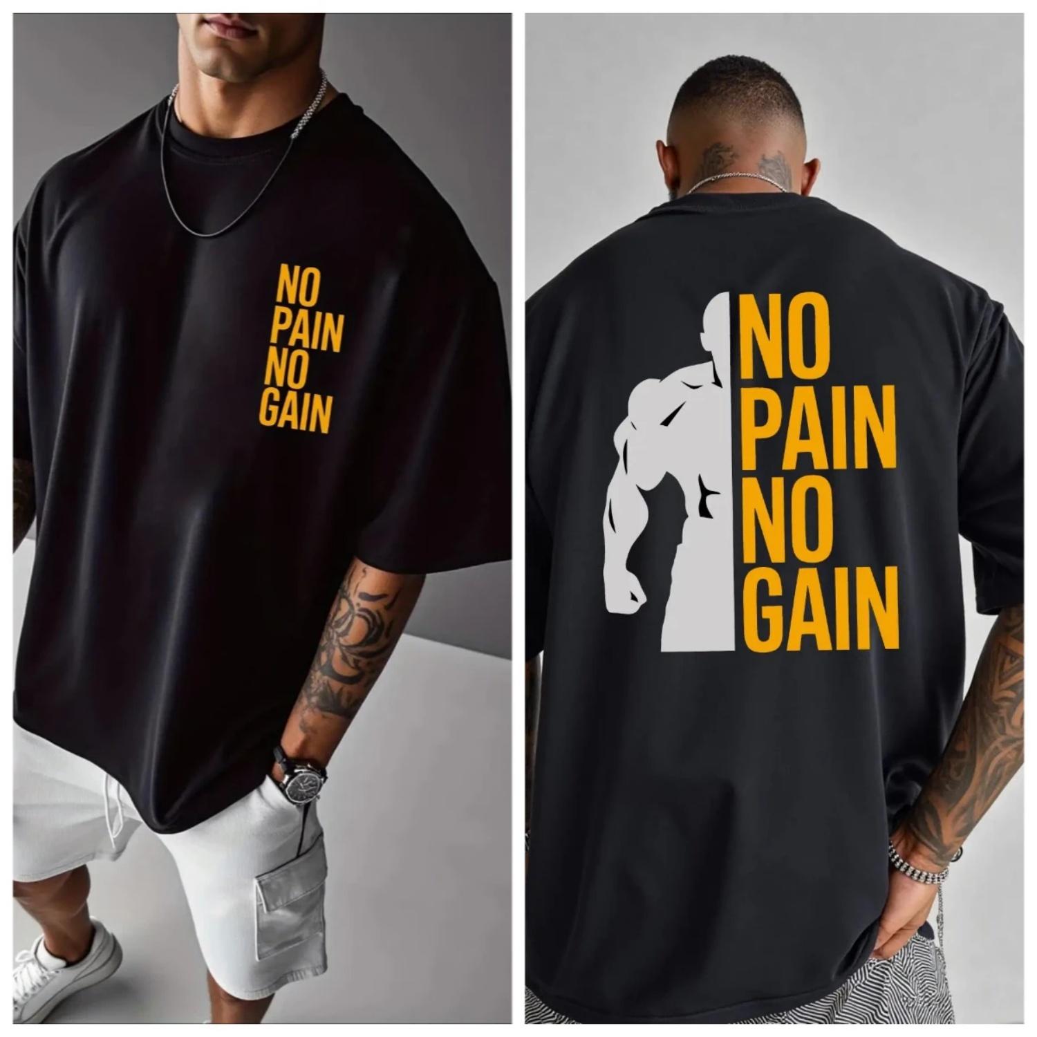 Men s Women NO PAIN NO GAIN GYM T Shirt Cotton Streetwear Oversize Summer Sports Fashion Loose Y2K Top Short Sleeve Breathable S чёрный