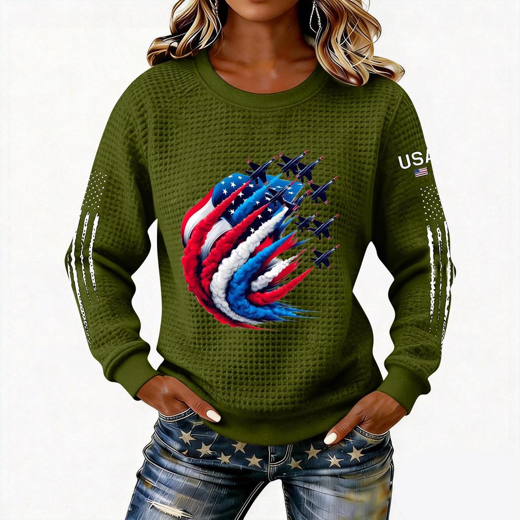 Women's Fashionable Lightweight Long-Sleeved Pullover Sweatshirt With Printed Round Neck