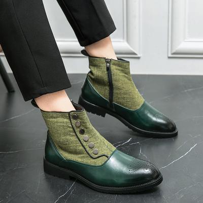 Modne skórzane buty ślubne dla mężczyzn zielone guziki metalowe męskie buty typu Chelsea biznesowe skórzane spiczaste botki męskie botki typu Chelsea
