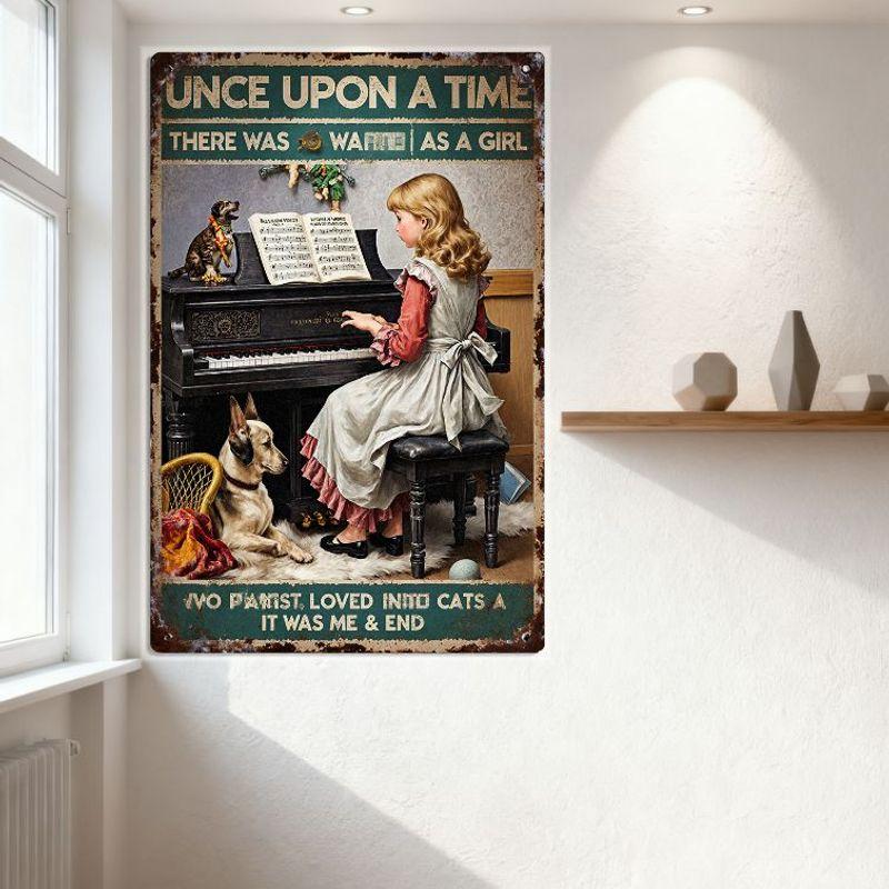 Vintage Metal Sign 'Once Upon A Time' Whimsical Girl Playing Piano with Cats Dogs Fairy Decor Retro Rusty Edge Wall Art for Home
