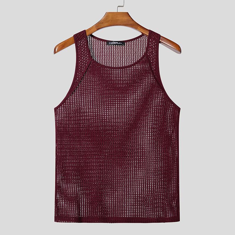 

INCERUN Мужские топы с круглым вырезом без рукавов из сетчатой пряжи с ажурной отделкой, футболки 2XL вино красного