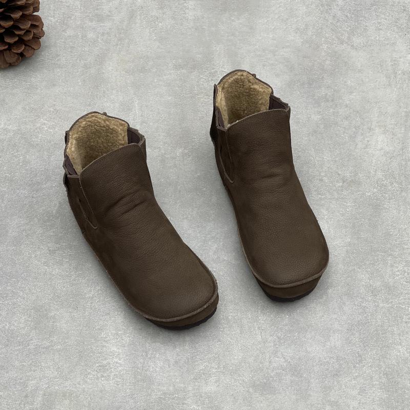 Johnature Echtes Leder Damen Schuhe Retro Weiches Rindsleder Runde Zehenpartie Plüsch Warm Flach Slipper Kurze Stiefel