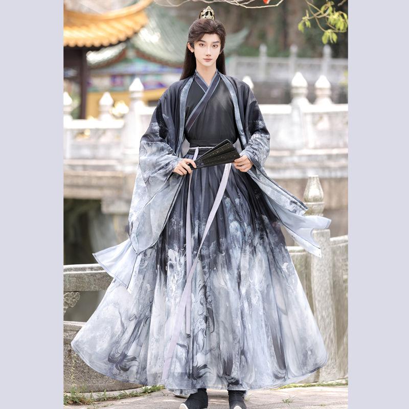 Chinese Wei And Jin Dynasties Style Hanfu Male Calligraphy Black Elegant Knight Martial Arts Suit