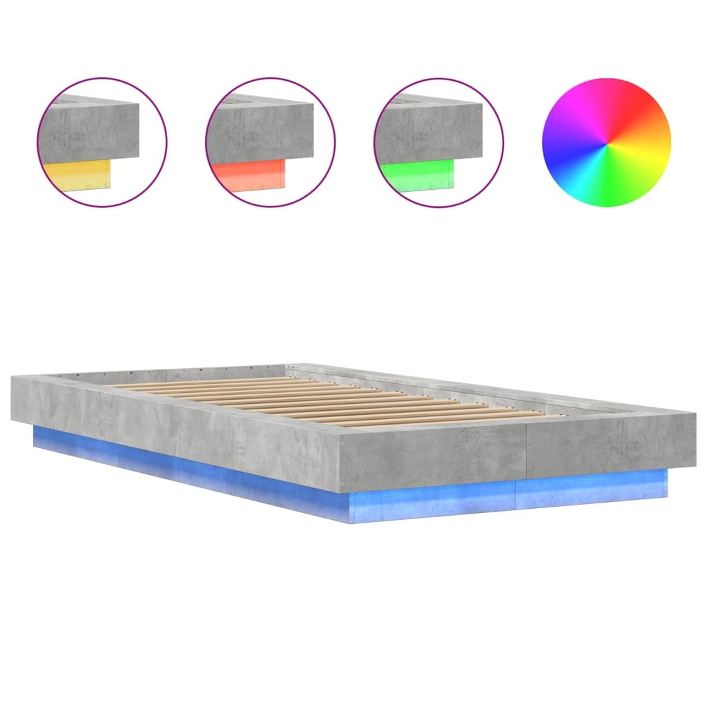 Bed Frame with LED Lights Concrete Grey 90 x 200 cm Engineered Wood