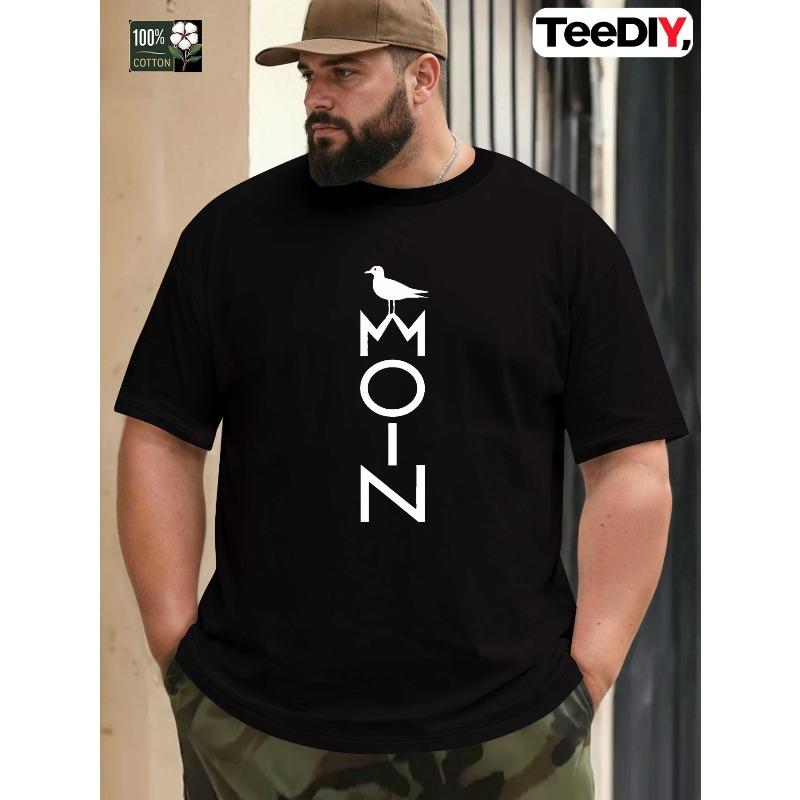 European Sizes Plus Size Men's Summer T-shirt, Moin Greeting with Seabird Graphic Print Short Sleeve Tees Trend Casual Tops for Daily Life