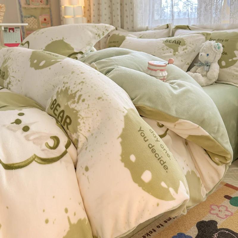 2024 New Class A Small Fresh Printed Milk Fleece Single Bedding Set Thick Warm Cartoon Quilt Cover Fall and Winter Duvet Cover