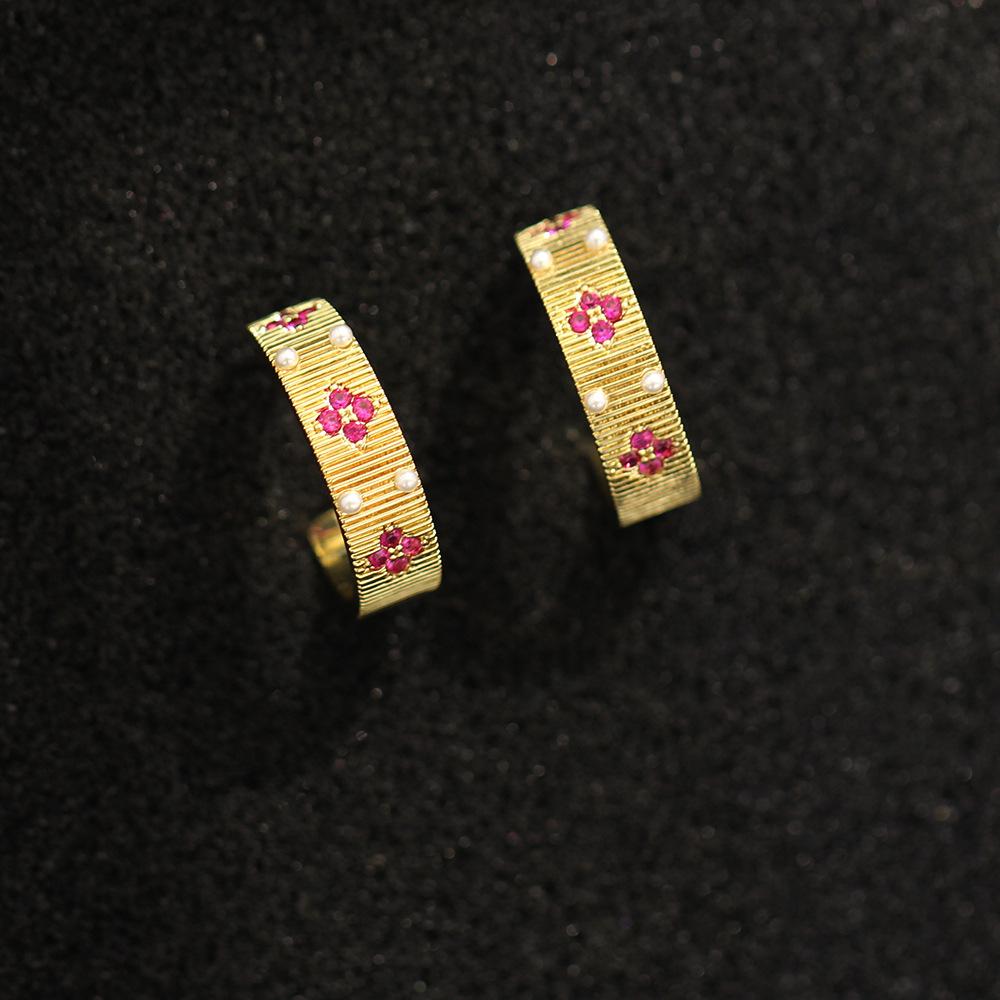 European and American niche gold inlaid stone red flower gold earrings temperament versatile 925 silver needle pearl stud earrings women s