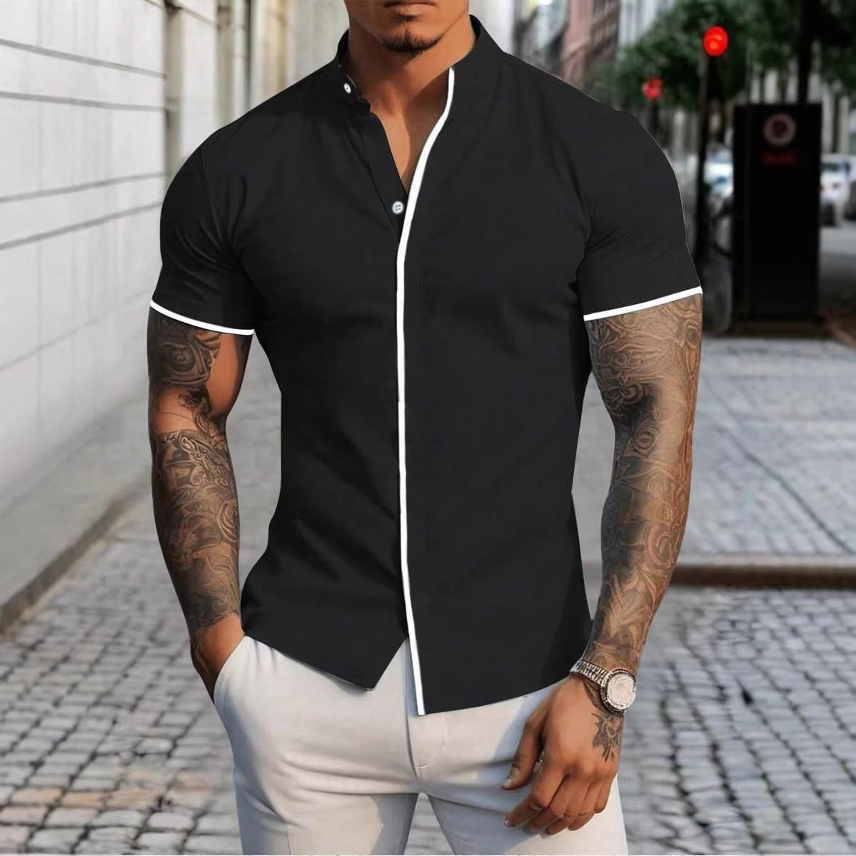 

Men Clothes Summer New Stand Collar Short Sleeve Spell Color 100% Polyester Casual Shirt Tops 3XL чорний
