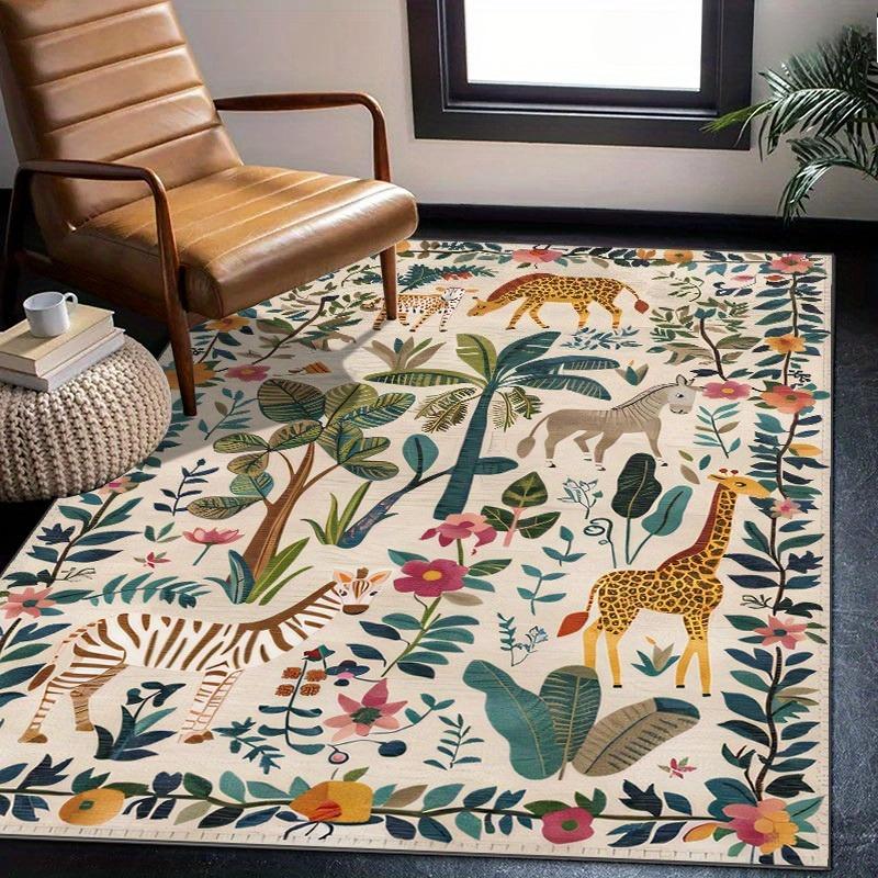 Modern Animal Botanical Print Area Mat Polyester Non-Slip, Large Size Vibrant Jungle Theme for Living Room Bedroom Office Decor