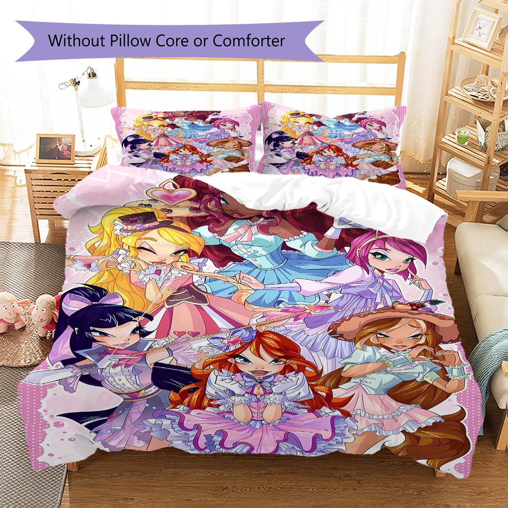 WonderfulPrecur,Winx Club Pattern Bedding,Quilt Set Quilt Cover Pillowcase Home Birthday Gift (1 * Duvet Cover + 2 * Pillowcase, Without Core)