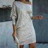 Women Evening Dress Shiny Sequin Slant Neck One Shoulder Three Quarter Sleeve Loose Above Knee Mini Dress Prom Party Dress