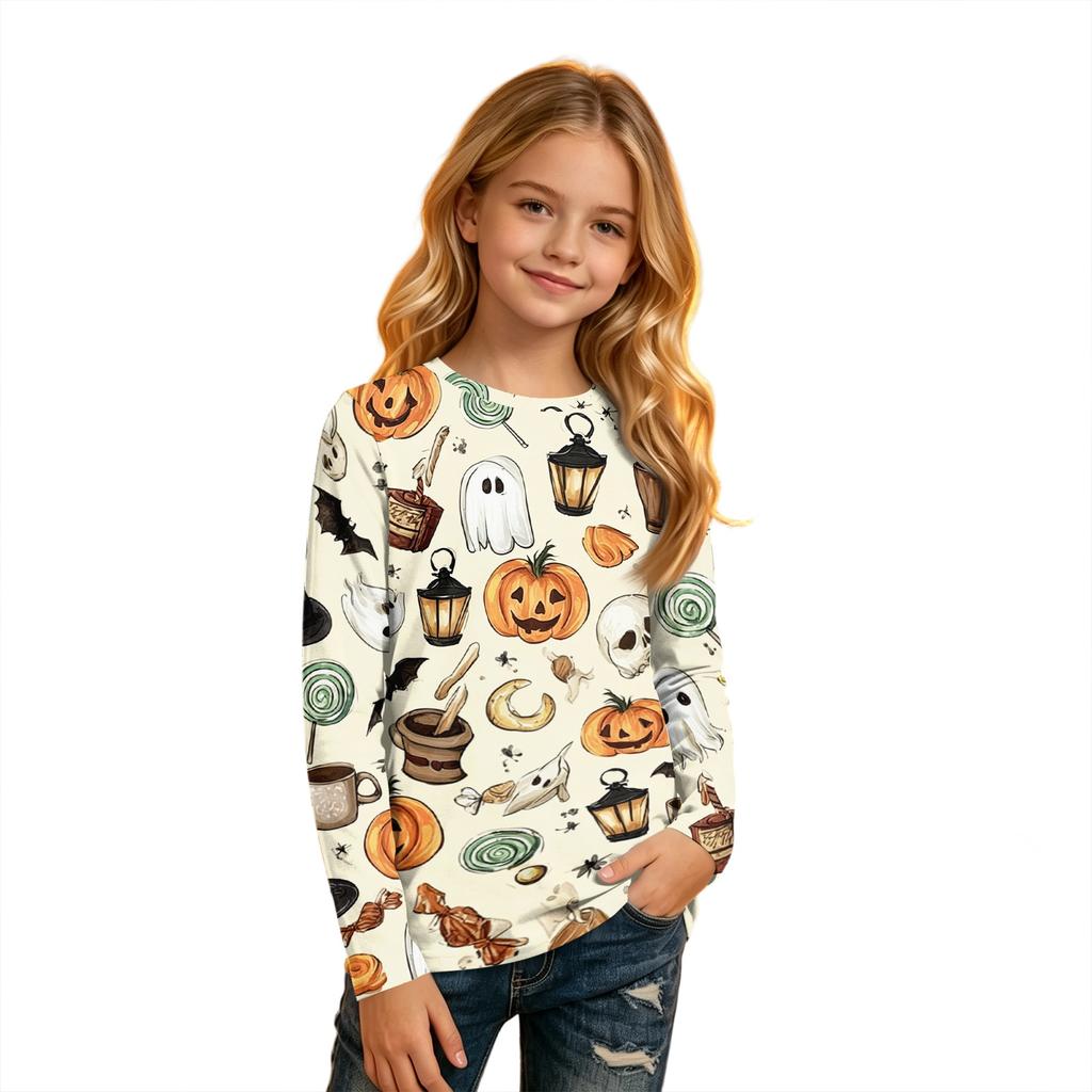 Children's Halloween Print Long Sleeve Neck T-Shirt for Boys Girls