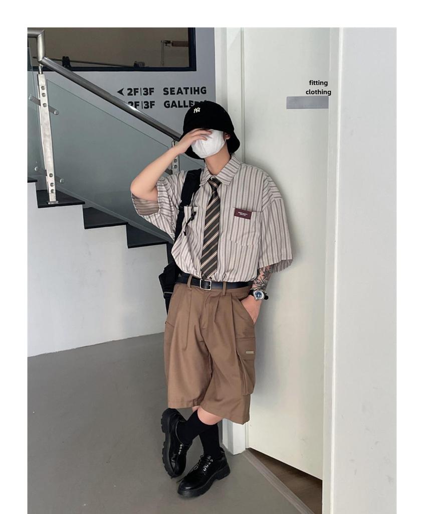 2023 Summer Unisex Japanese Retro Striped Lapel Short-Sleeve Trendy Shirt