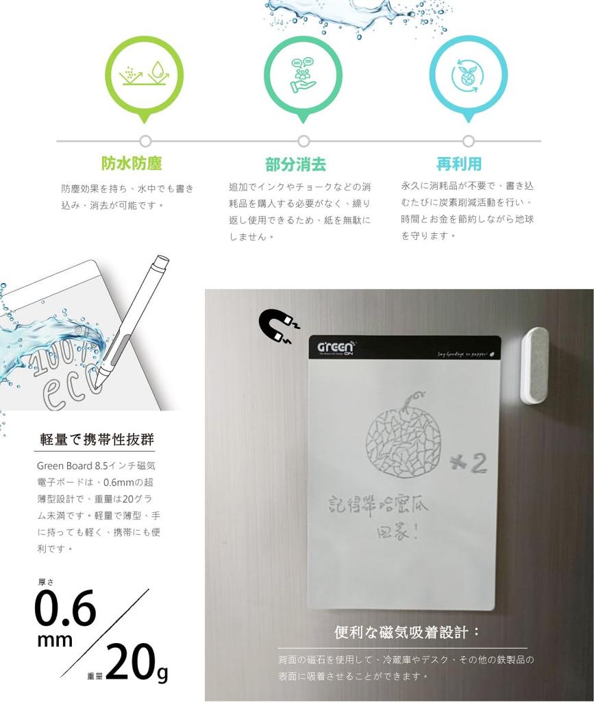 Green Board 8.5-inch E-Paper Memo Pad, 100% Reusable, Magnetic Adsorption, Pen, and Eraser Set, Waterproof, Dustproof, and Non-Reflective