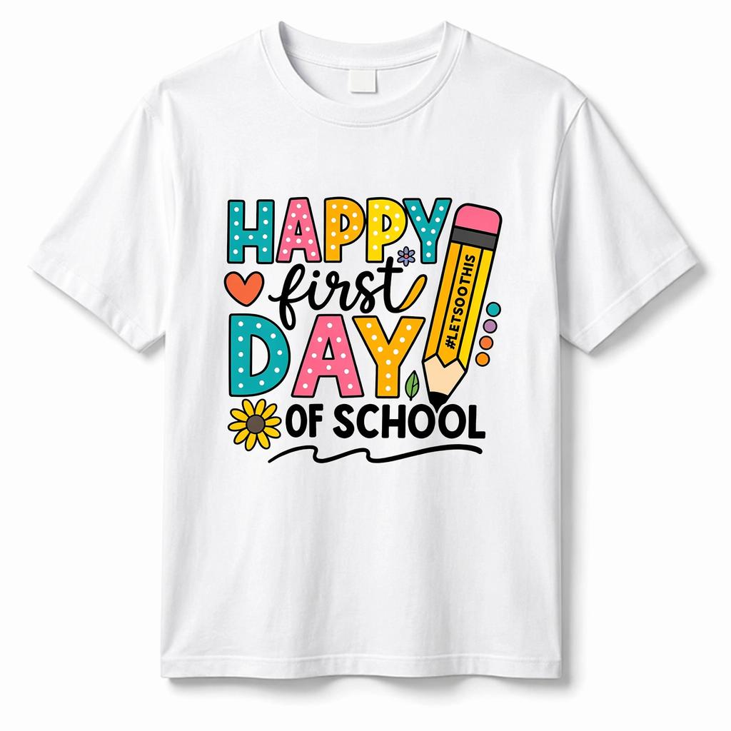WoUnisex Happy First Day of School T Shirt 100 Cotton Teacher Graphic Tee Colorful Pencil Back to School Short Sleeve Shirt