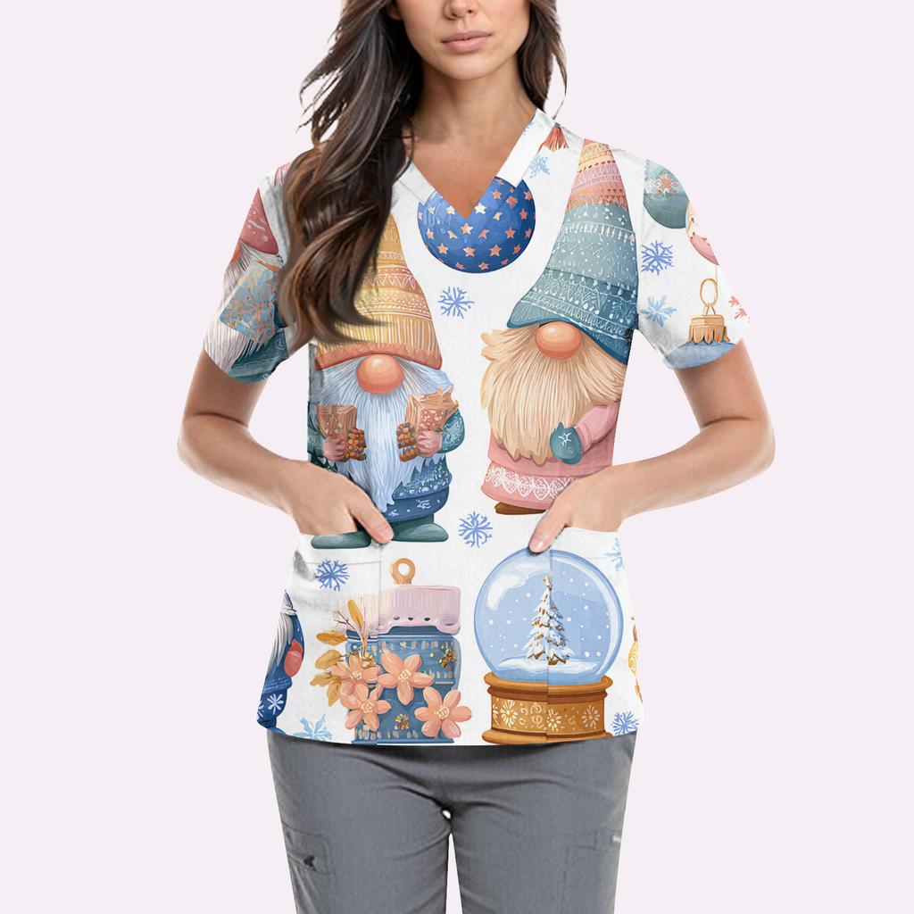 Women's Cute Printed Work Clothes V-neck Double Layer Pockets Basic Short Sleeve Top Pullover Valentines