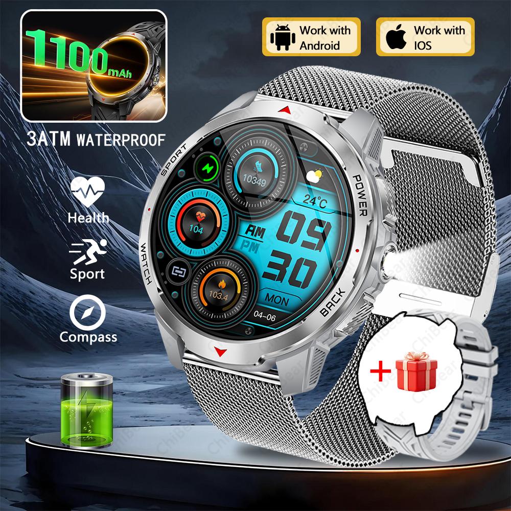 New 1100mAh Large Battery Smart Watch Men Compass LED Flashlight 3ATM Waterproof Bluetooth Call Heart Rate Sports Smartwatch