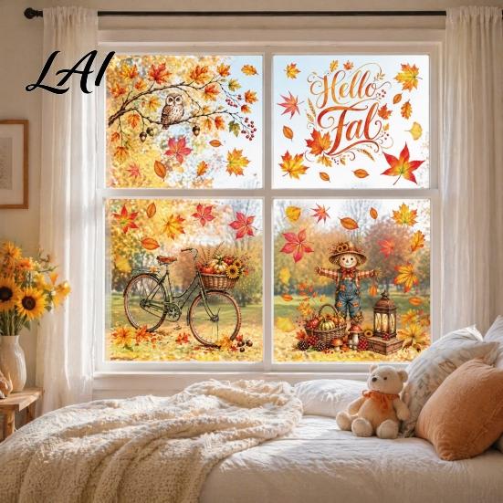 Thanksgiving Home Decor 6 Sheets Autumn Harvest Static Window Stickers Maple Leaves Scarecrows Bicycle Owl Transparent PVC Decals Decals Reusable