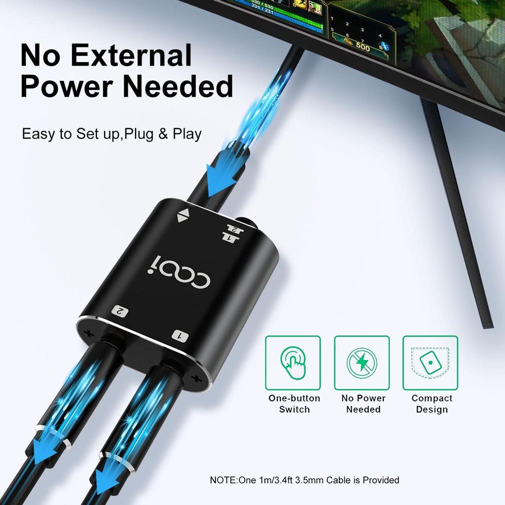 Stereo audio COOIDEA spolu s audio podporuje 1 vstup 2 výstupy nebo 2 vstupy 1 výstup a je přepínačem audio reproduktorů AUX pro mobilní telefony a 3,5mm přepínačem,
