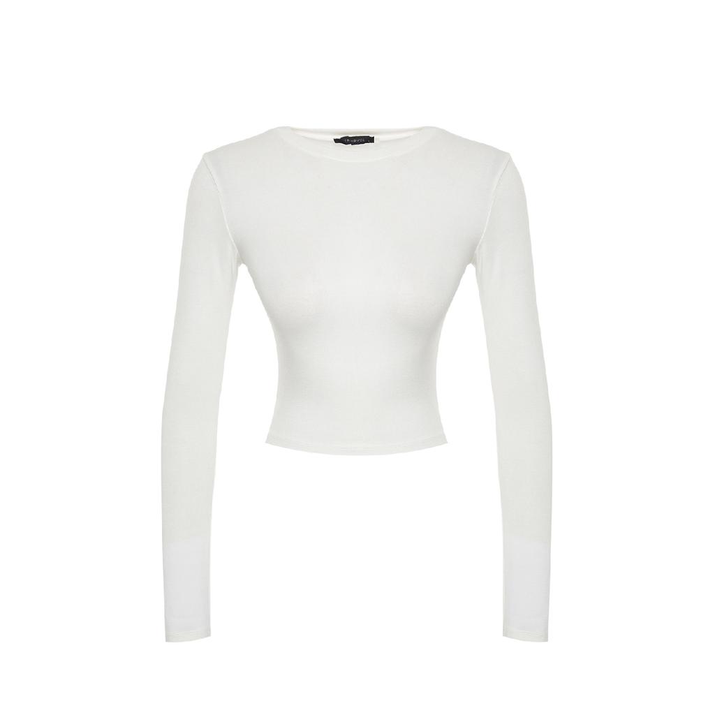 Ecru Premium Viskose Rundhals Crop Dehnbarer Strickbluse Twoaw24bz00116