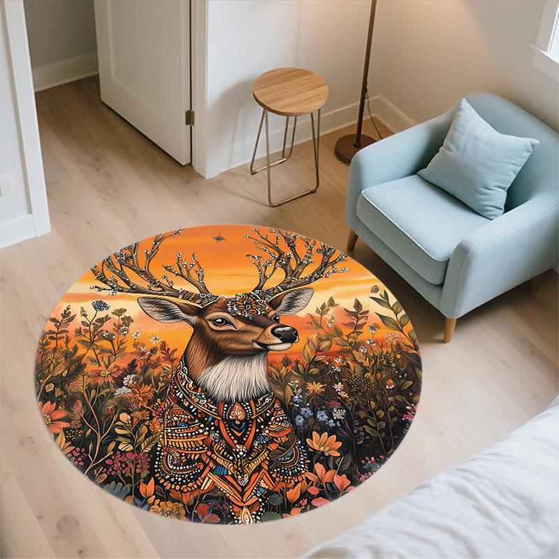 Vintage Sunset Deer Head,Round Area Rug,Carpet Rug for Living Room Bedroom Sofa Playroom Decor,Non-slip Floor Mat