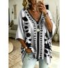 Plus Size Black and White Botanical Print Batwing Sleeve T-Shirt, Loose V-Neck Mid-Sleeve Design, Flattering and for Daily Casual