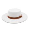 French Double Belt Buckle White Woolen Hat Flat Top Top Hat Female British Retro Style Wide Brim Felt Hat