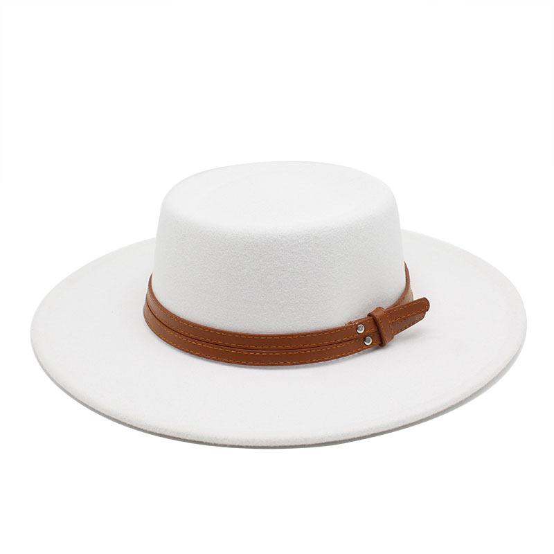 French Double Belt Buckle White Woolen Hat Flat Top Top Hat Female British Retro Style Wide Brim Felt Hat