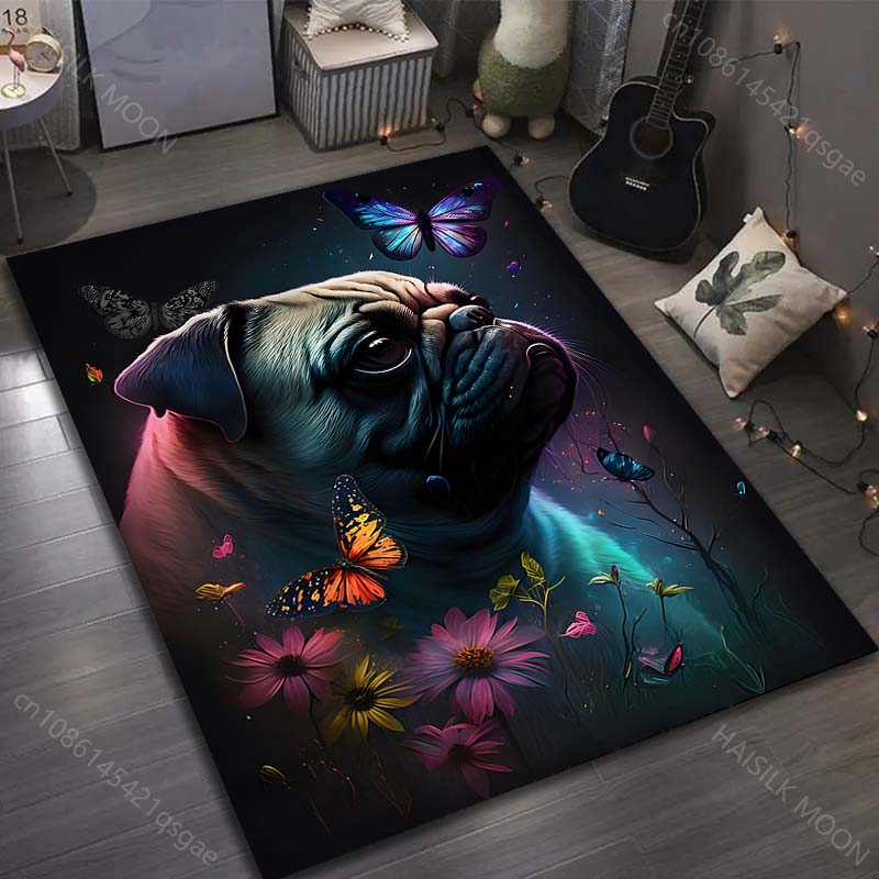 17 Stile Niedlicher Mops-Druck Teppich für Wohnzimmer Schlafzimmer Sofa Fußmatte Heimdekor Bereichsteppich Rutschfeste Bodenmatte Große Größe