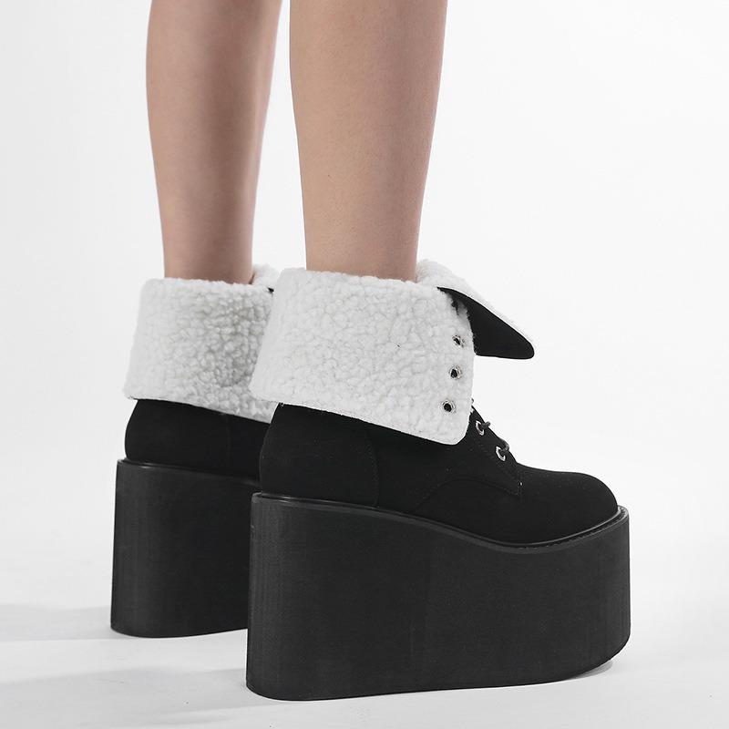 Women Wedge Boots Plush Warm Winter Boots Suede Women Mid-calf Boots Lace Up Gothic Boot 11cm Height Increasing Platform Booties