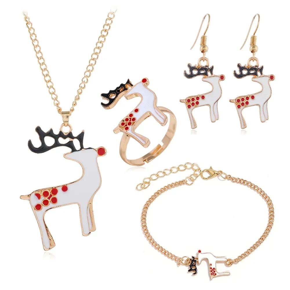 4PCS/Set Christmas Women Alloy Jewelry Set Santa Elk Bell Earrings Necklace Bracelet Decor Xmas Accessories Gift for Girl Women