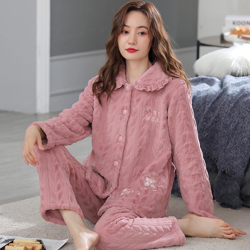 Women's Plus Size Thick Coral Fleece Pajamas - Warm Flannel Homewear for Autumn and Winter