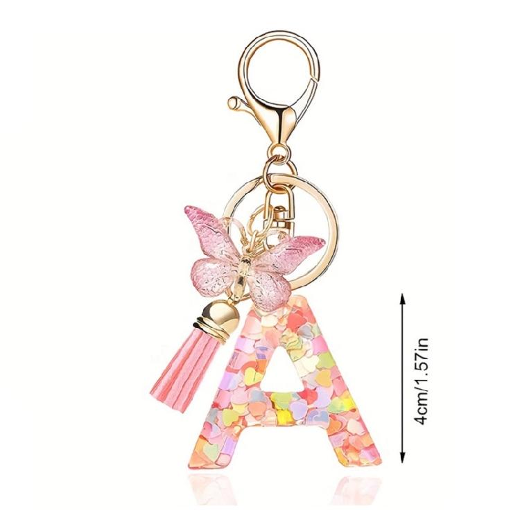 Fashionable Crystal Letter Keychain Sparkling Butterfly Tassels Charm Keyring Ornament for Women Girls Accessories