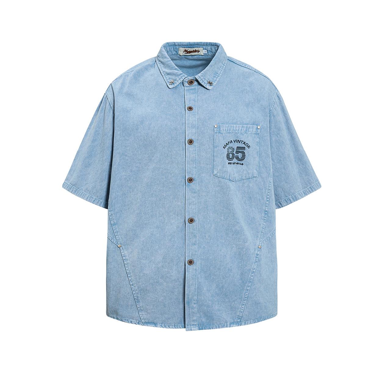 American retro washed old blue denim shirt loose embroidery tooling shirt men M