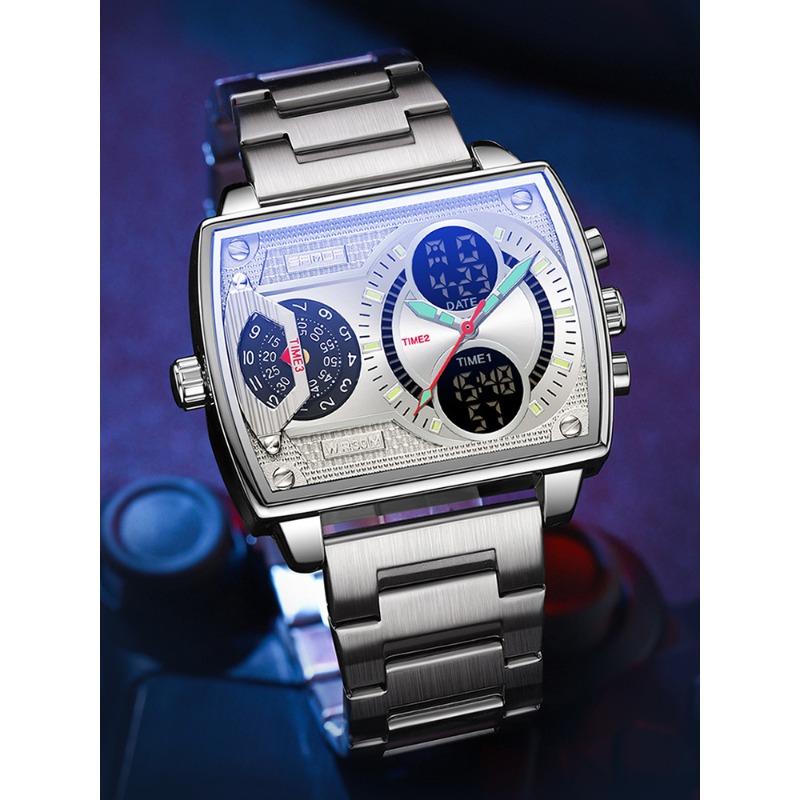 Gold Großes Zifferblatt Drei Zeitzonen Herren Armbanduhren Edelstahl Herren Sport Digital Militär Quarz Uhr Leuchtende Herrenuhr