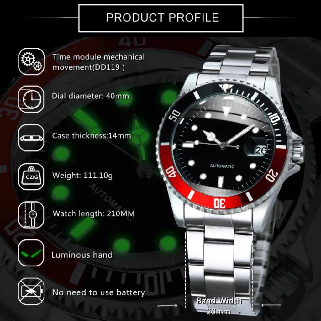 Classic Mechanical Watches Luxury Brand Business Automatic Watch for Men Rotatable Bezel Luminous Dial Steel Strap Clock