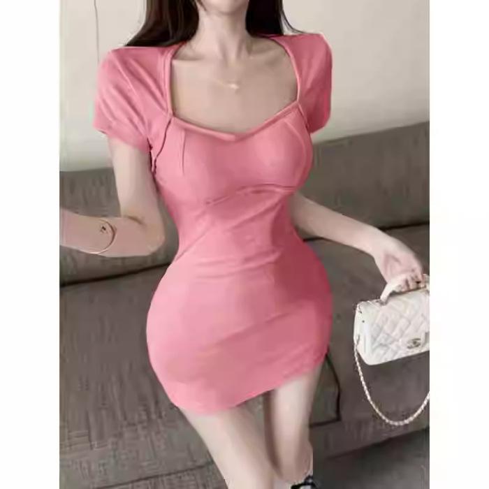 Sexy square neck short sleeve back hollow dress women's summer new Spice Girl slim temperament hip skirt