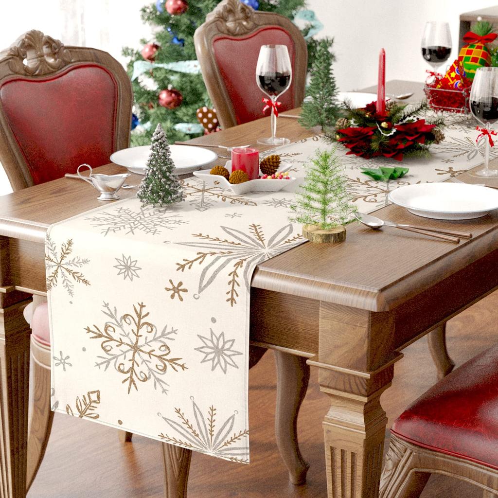 Winter Table Runner,Snowflake Decor, White, Gold, Table For Table, Seasonal, Christmas, Holiday, Home Decor