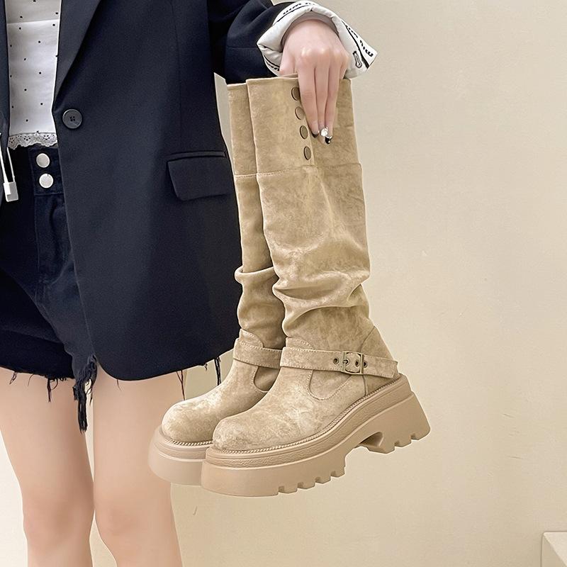 Fashion Versatile Pleated Foldable Boots Women's Autumn and Winter 2025 New Retro Solid Color Fashion Boots